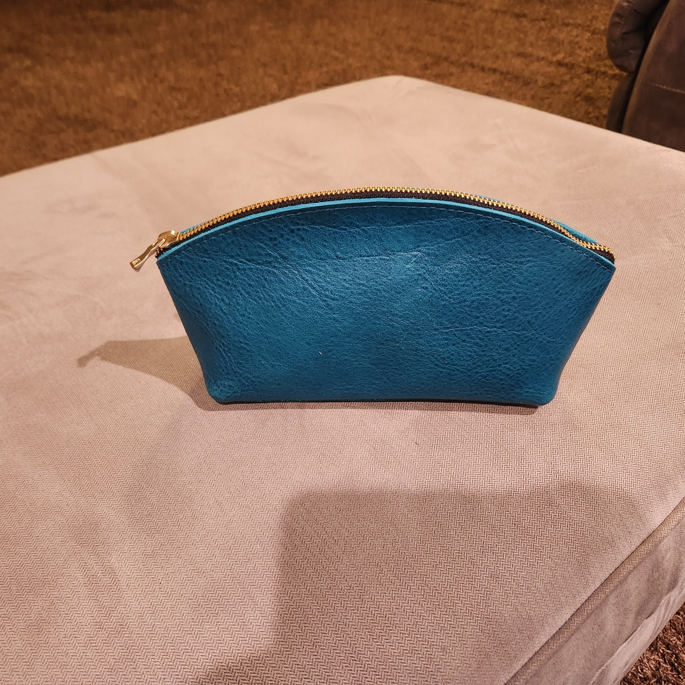 Portland Leather Blue Cosmetic Bag with Crescent Shape
